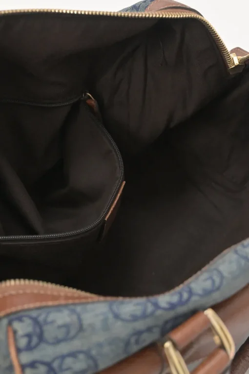 Washed indigo cotton denim and brown leather GG logo jacquard Abbey Boston bag