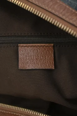 Washed indigo cotton denim and brown leather GG logo jacquard Abbey Boston bag