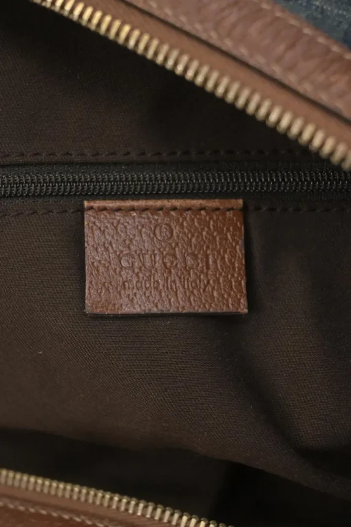 Washed indigo cotton denim and brown leather GG logo jacquard Abbey Boston bag