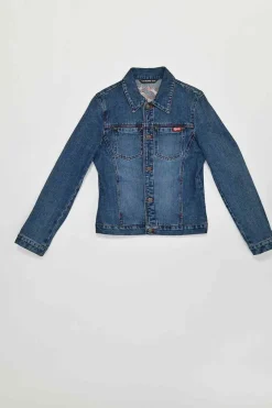 Washed indigo cotton denim denim jacket and low-rise bootcut jeans featuring dragon broderie motif
