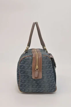 Washed indigo cotton denim and brown leather GG logo jacquard Abbey Boston bag