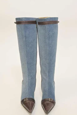 Washed indigo cotton denim and leather pointed-toe zip-up tall boots