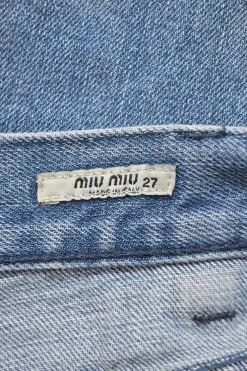 Washed indigo cotton denim pull-on mid-rise bermudas