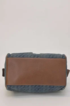 Washed indigo cotton denim and brown leather GG logo jacquard Abbey Boston bag