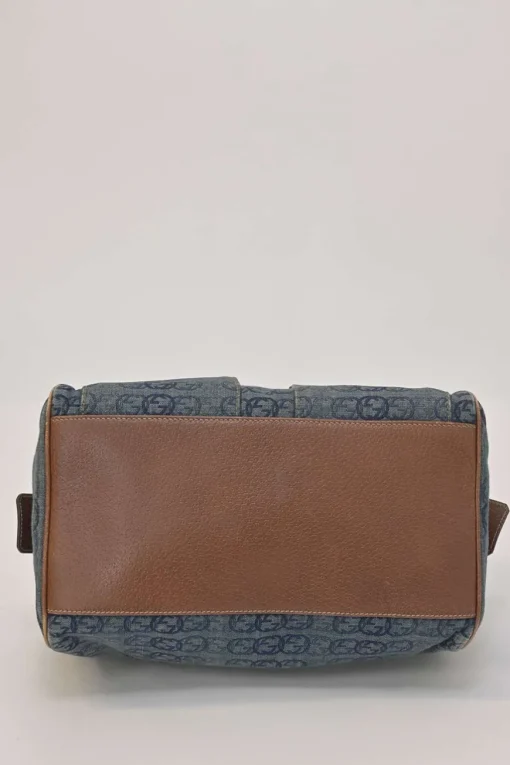 Washed indigo cotton denim and brown leather GG logo jacquard Abbey Boston bag