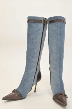 Washed indigo cotton denim and leather pointed-toe zip-up tall boots