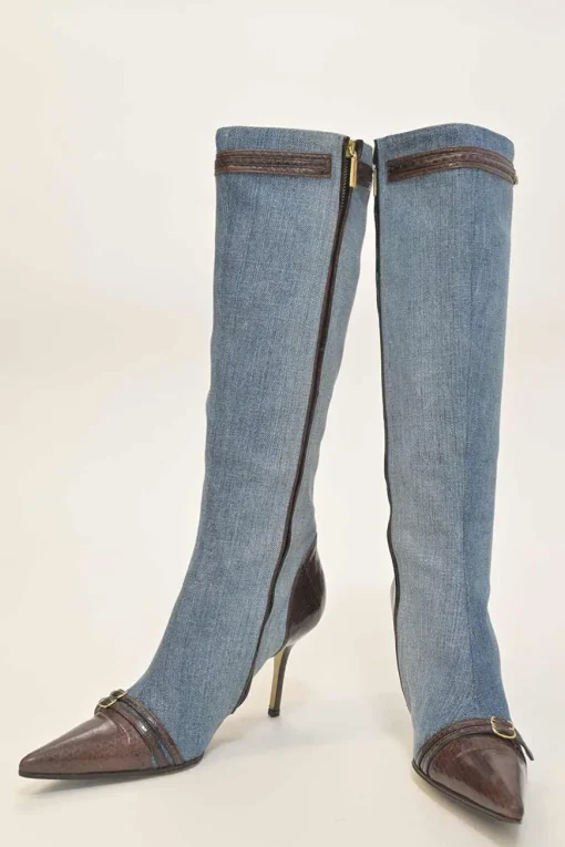 Washed indigo cotton denim and leather pointed-toe zip-up tall boots