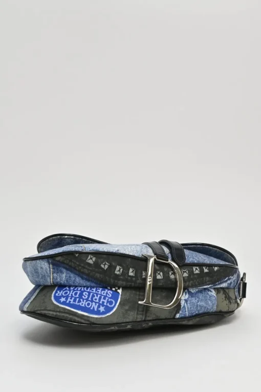 Washed indigo cotton denim-bonded leather Speedway saddle bag