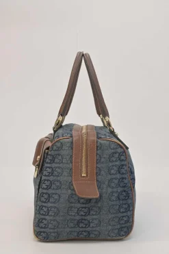 Washed indigo cotton denim and brown leather GG logo jacquard Abbey Boston bag