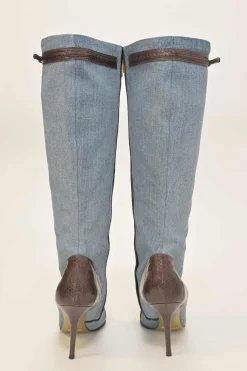 Washed indigo cotton denim and leather pointed-toe zip-up tall boots