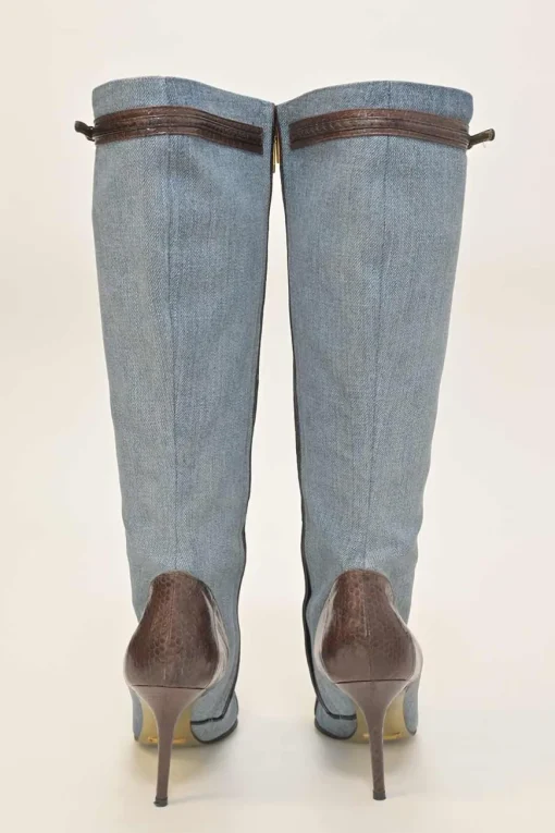 Washed indigo cotton denim and leather pointed-toe zip-up tall boots