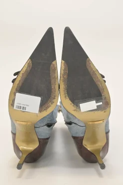 Washed indigo cotton denim and leather pointed-toe zip-up tall boots
