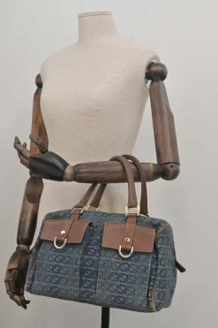 Washed indigo cotton denim and brown leather GG logo jacquard Abbey Boston bag