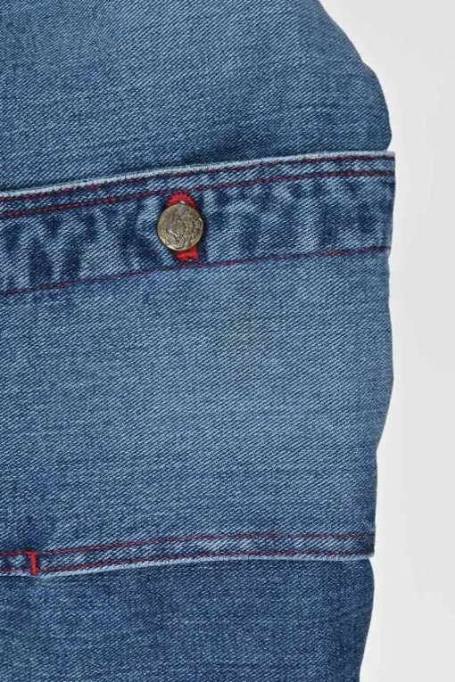 Washed indigo cotton denim denim jacket and low-rise bootcut jeans featuring dragon broderie motif