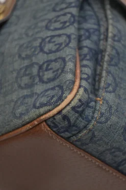 Washed indigo cotton denim and brown leather GG logo jacquard Abbey Boston bag