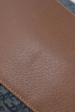 Washed indigo cotton denim and brown leather GG logo jacquard Abbey Boston bag