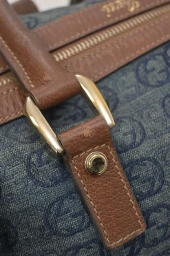 Washed indigo cotton denim and brown leather GG logo jacquard Abbey Boston bag