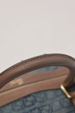 Washed indigo cotton denim and brown leather GG logo jacquard Abbey Boston bag