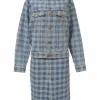 Washed indigo cotton gingham denim jacquard skirt suit set featuring spread collar button-front jacket and midi pencil skirt
