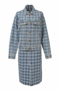 Washed indigo cotton gingham denim jacquard skirt suit set featuring spread collar button-front jacket and midi pencil skirt