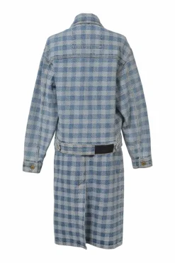 Washed indigo cotton gingham denim jacquard skirt suit set featuring spread collar button-front jacket and midi pencil skirt