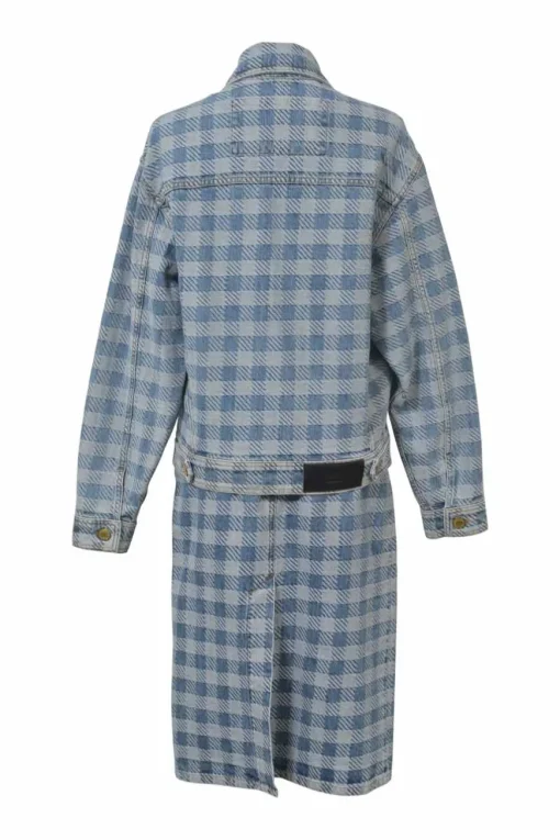 Washed indigo cotton gingham denim jacquard skirt suit set featuring spread collar button-front jacket and midi pencil skirt
