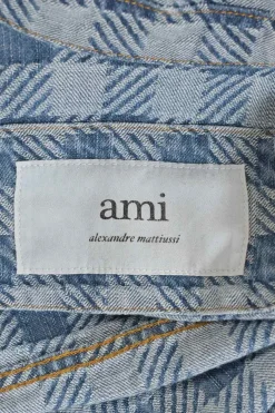 Washed indigo cotton gingham denim jacquard skirt suit set featuring spread collar button-front jacket and midi pencil skirt