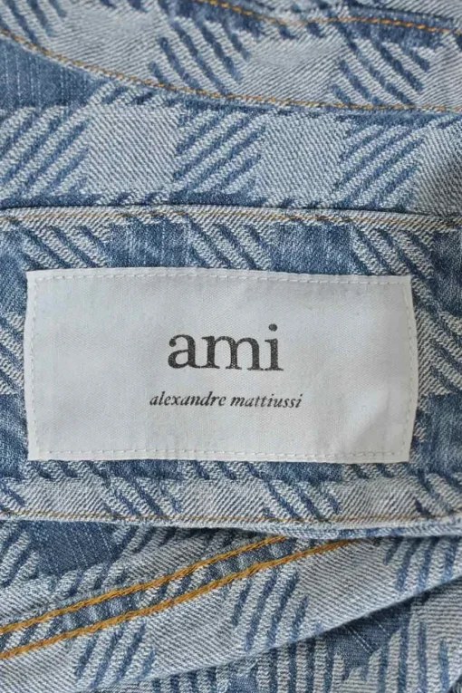 Washed indigo cotton gingham denim jacquard skirt suit set featuring spread collar button-front jacket and midi pencil skirt