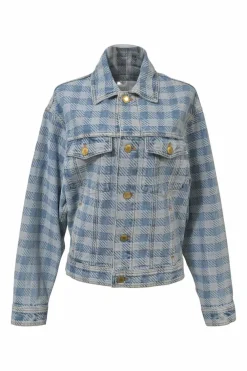 Washed indigo cotton gingham denim jacquard skirt suit set featuring spread collar button-front jacket and midi pencil skirt