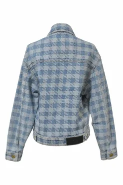 Washed indigo cotton gingham denim jacquard skirt suit set featuring spread collar button-front jacket and midi pencil skirt