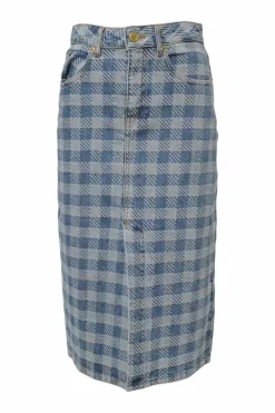 Washed indigo cotton gingham denim jacquard skirt suit set featuring spread collar button-front jacket and midi pencil skirt