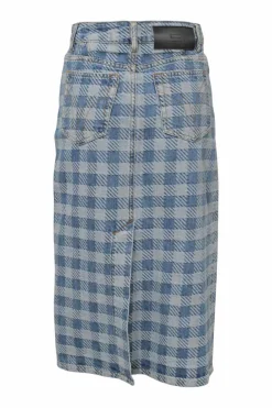 Washed indigo cotton gingham denim jacquard skirt suit set featuring spread collar button-front jacket and midi pencil skirt