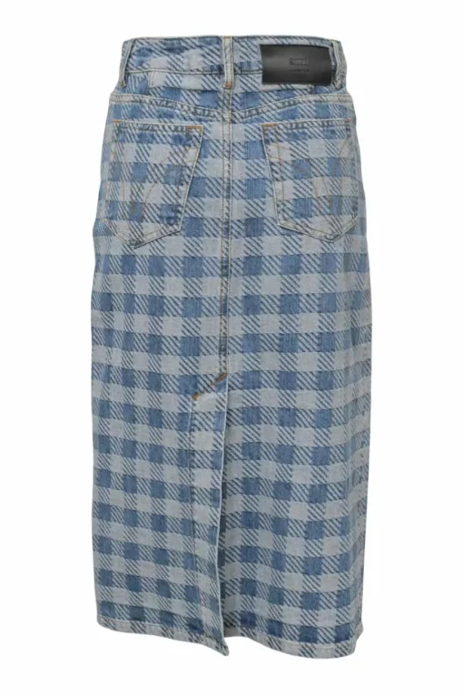 Washed indigo cotton gingham denim jacquard skirt suit set featuring spread collar button-front jacket and midi pencil skirt