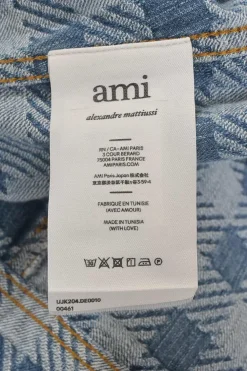 Washed indigo cotton gingham denim jacquard skirt suit set featuring spread collar button-front jacket and midi pencil skirt