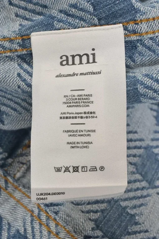 Washed indigo cotton gingham denim jacquard skirt suit set featuring spread collar button-front jacket and midi pencil skirt