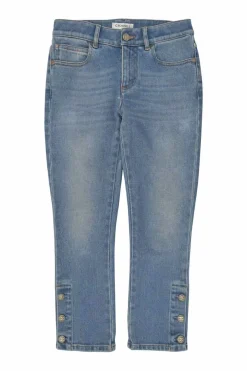Washed indigo cotton-blend denim pull-on mid-rise cropped skinny jeans with Coco Mark shank buttons