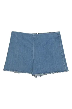 Washed indigo cotton-blend scalloped denim mini shorts