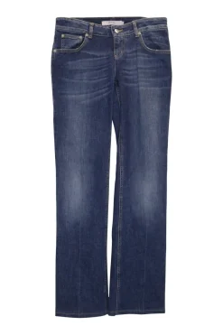Washed indigo cotton-blend denim low-rise bootcut jeans featuring diamante V-logo plaque patch pockets