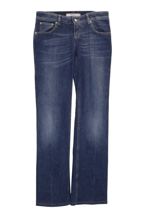 Washed indigo cotton-blend denim low-rise bootcut jeans featuring diamante V-logo plaque patch pockets