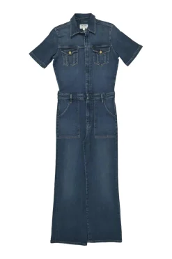 Washed indigo cotton-blend Le Flare de Françoise spread collar zip-up wide-leg jumpsuit