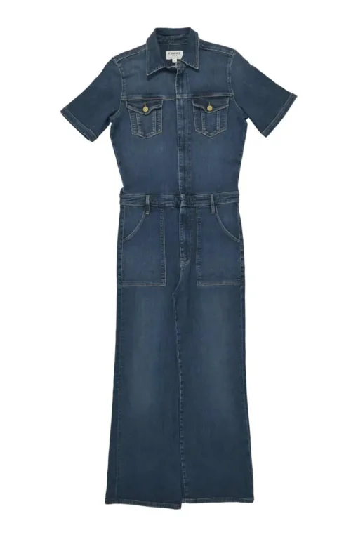 Washed indigo cotton-blend Le Flare de Françoise spread collar zip-up wide-leg jumpsuit
