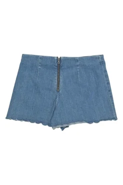 Washed indigo cotton-blend scalloped denim mini shorts