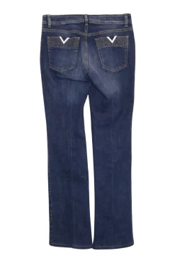 Washed indigo cotton-blend denim low-rise bootcut jeans featuring diamante V-logo plaque patch pockets