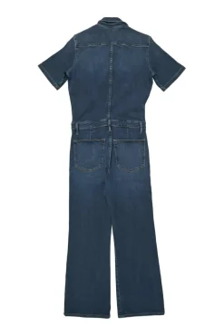Washed indigo cotton-blend Le Flare de Françoise spread collar zip-up wide-leg jumpsuit