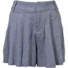 Washed indigo cotton-linen blend pleated wide-leg shorts