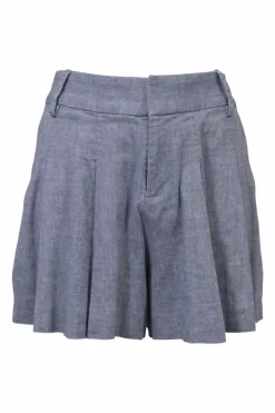 Washed indigo cotton-linen blend pleated wide-leg shorts