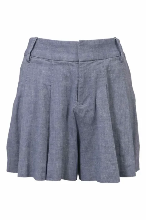Washed indigo cotton-linen blend pleated wide-leg shorts