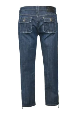 Washed indigo denim low-rise zip-ankle bow leg stove pipe jeans with rear cargo pockets