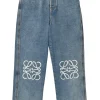 Washed indigo denim pull-on high-rise straight leg jeans with anagram knee motif