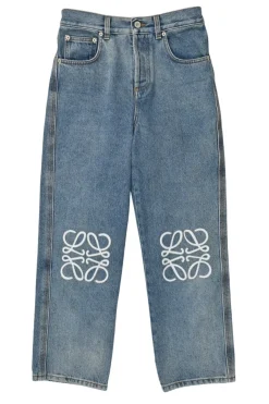 Washed indigo denim pull-on high-rise straight leg jeans with anagram knee motif